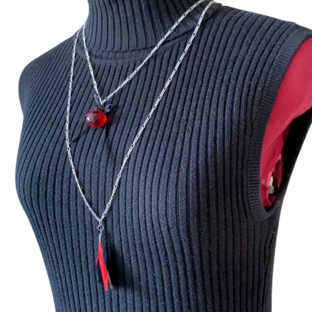 CREATION - OPERA long necklace - Red & black Feather Ribbon Clear beads